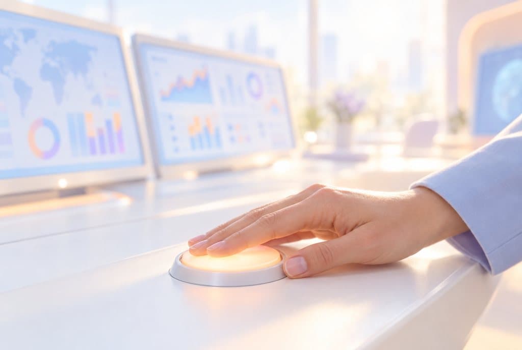 A hand resting on a softly glowing button on a light console, dashboards blurred behind
