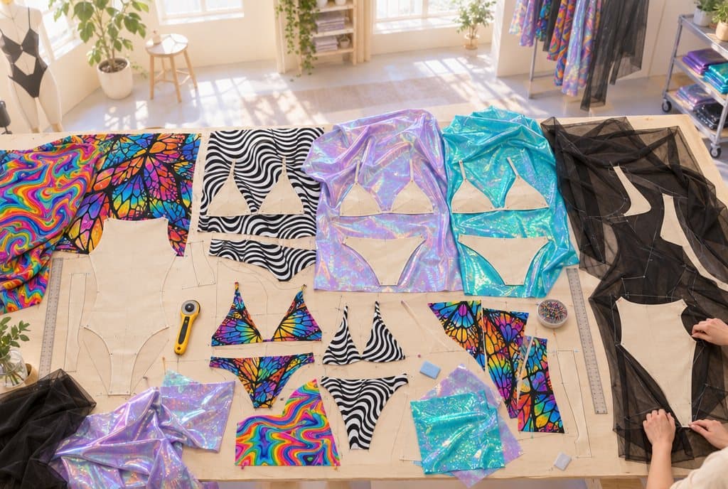 Top-down view of a sunlit cutting table with pattern pieces on printed fabric