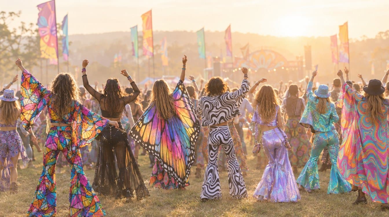 A festival crowd at golden hour, seen from behind, wearing printed, op-art, holographic and mesh outfits