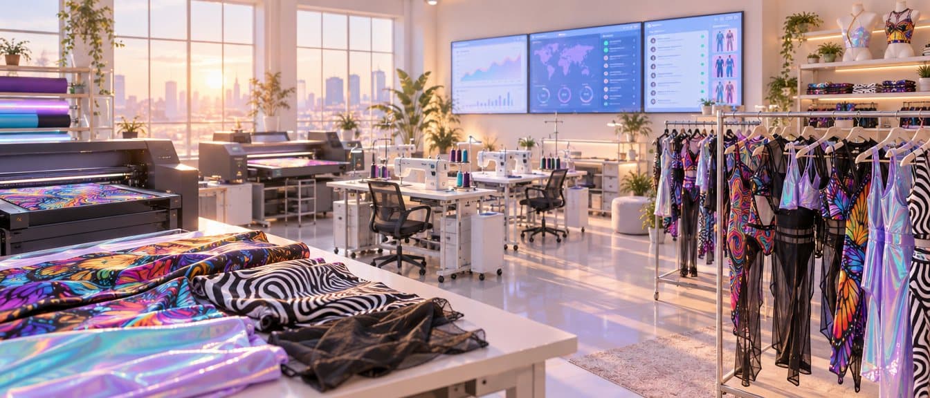 A sunlit microfactory at sunrise with quiet printers and sewing stations and dashboards on the wall