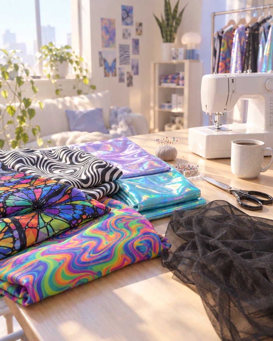 Morning light on a small table with folded printed fabric, scissors, and a home sewing machine